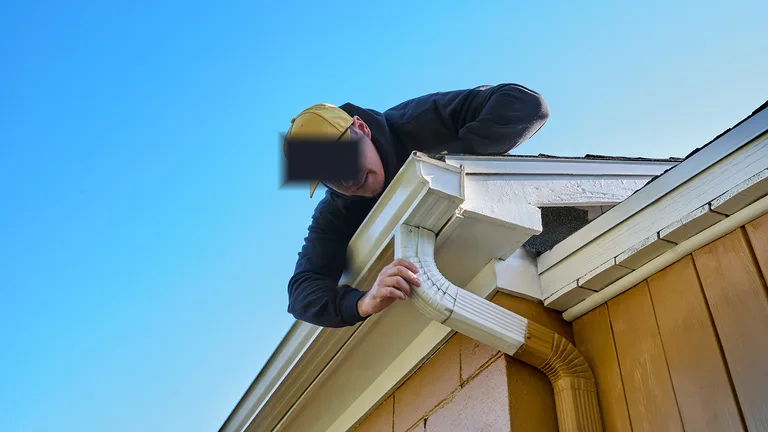 Installer securing a downspout elbow on a Northeast Florida roofline